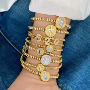 18K Gold Plated Brass Sacred Two Tone Mixed Beads Adjustable Slider for Women Spiritual Protection Gift Religious Bead Bracelet