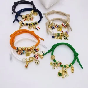 18K Gold Plated Brass Vibrant Colors Adjustable Slider Rope Cord Bracelet High Shine Durable Soccer Ball Shoelace Bracelet