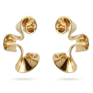 18K Gold Plated Brass Wavy Sculptural Statement Earrings Bold Geometric Curved Ribbon Dangle Earrings for Women Party