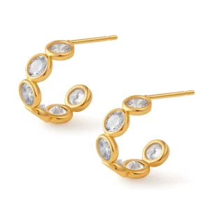 18K Gold Plated C Half Hoop Stud Earrings Bezel Set 6 Round Cubic Zirconia Women Minimalist Fashion Jewelry Gift