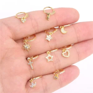 18K Gold Plated CZ Dangle Charm Hoop Piercing Heart Star Butterfly Evils Eye Septum Nose Ring Cartilage Ear Jewelry