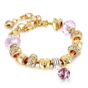18K Gold Plated Charm Bracelet Fairycore Pink Crystals & Owl Charms Adjustable DIY Bangle Lead & Nickel Free Jewelry