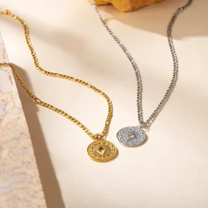 18K Gold Plated Chinese Coin Pendant Necklace 316L Stainless Steel Figaro Curb Chain Necklace for Women Custom