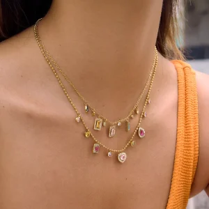 18K Gold Plated Colorful Rectangle Zirconia Necklace Stainless Steel Waterproof Station Charm Necklace for Women