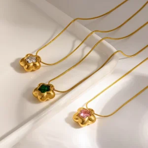 18K Gold Plated Colorful Zircon Flower Pendant Collarbone Necklace Stainless Steel Geometric Necklace Jewelry