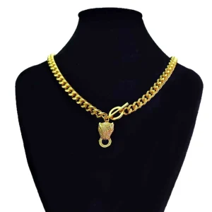 18K Gold Plated Copper Cuban Link Necklace for Men Hip Hop Cheetah Panther Pendant OT Buckle Rapper Chain Jewelry