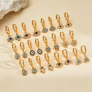 18K Gold Plated Copper Zircon Hoop Hamsa Cross Heart Triangle Dangle Drop Earrings Women Boho Lucky Gift Jewelry