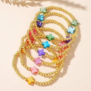18K Gold Plated Delicate Bracelet Set Rainbow Cross Stretch Beaded Bracelets Shell Stone Fashion Jewelry For Women Gift