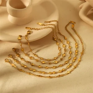 18K Gold Plated Delicate Simple Classic Lucky Beads Pave Stainless Steel Charm Bracelet for Women