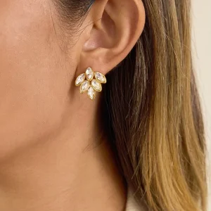 18K Gold Plated Delicate White Rhinestone Marquise Leaf Fashion Earrings Non Tarnish Stainless Steel Jewelry for Women
