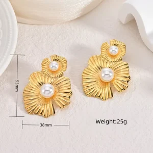 18K Gold Plated Double Flower Pearl Stud Earring 316 Stainless Steel Large Statement Women Dangle Earrings Custom