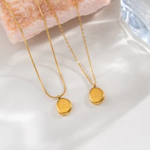 18K Gold Plated Engraved Irregular Disc Pendant Necklace 316L Stainless Steel Snake Chain Necklace for Women Custom