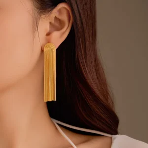 18K Gold Plated Fashionable Women’s Waterproof Long Fringe Stainless Steel Earrings