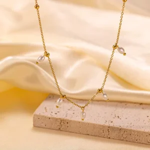 18K Gold Plated Female Pearl Tassel Sequined Bead Necklace Geometric Pattern Stainless Steel Stylish Trendy Gift for Parties