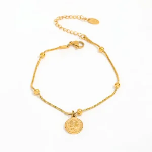 18K Gold Plated Figure Coin Charm Pendant Snake Chain Bracelet Stainless Steel Stylish Fashion Jewelry