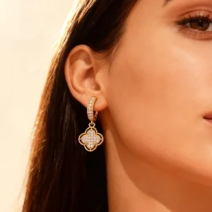 18K Gold Plated Four Leaf Clover Drop Earrings Round CZ Crystal Pave Huggie Hoop Earrings for Women Party Jewelry