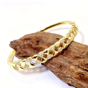 18K Gold Plated Ginkgo Leaf Cuban Link Bangle Sparkling Cubic Zirconia Open Cuff Bracelet Women Luxury Daily Hypoallergenic