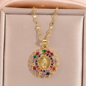 18K Gold Plated Guadalupe Virgin Mary & Cross Pendant Multicolor CZ Cubic Zirconia Religious Faith Necklace Charms for Men Women