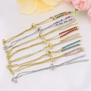 18K Gold Plated Handmade Colorful Zircon Adjustable Copper Bracelet Pushed and Pulled Box Chain DIY Fashion Accessories