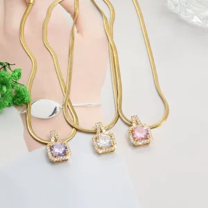 18K Gold Plated Ice Cube Square Zircon Necklace for Women Micro Pave INS Style Trendy Clavicle Chain Jewelry for Birthday Gift