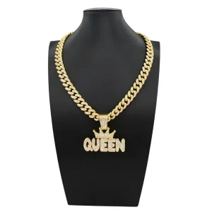 18K Gold Plated Iced Out Cuban Chain with Crown Diamond Pendant Full Cubic Zirconia Paved Statement for Rapper B2402010