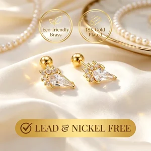 18K Gold Plated Kite Shape Zircon Stud Earrings with Screw Back Piercing Jewelry Lead Nickel Free Jewelry for Women