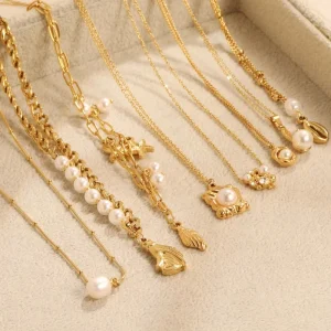 18K Gold Plated Link Chain Custom Women’s Pearl Necklace Set Baroque Round Freshwater Pearls Necklace
