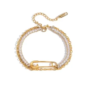 18K Gold Plated Minimalist Design Double Layer Paperclip Chain Bracelet with Zircon Fashion Charm Stainless Steel Bracelet