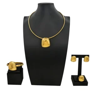 18K Gold Plated Minimalist Geometric Jewelry Set Smooth Square Pendant Choker Necklace Earrings Ring Set HB2550119