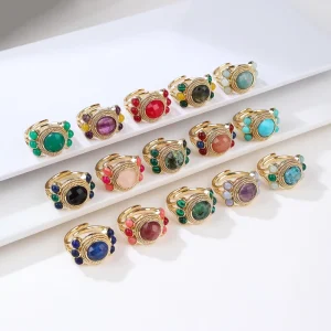 18K Gold Plated Natural Gemstone Lapis Turquoise Crystal Claw Setting Ring for Women’s Wedding Party Gift