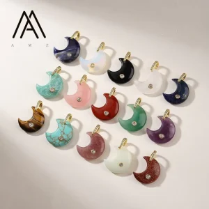 18K Gold Plated Natural Multi Gemstone Crescent Moon Pendant With Zircon Inlay For Handmade DIY Necklace Making