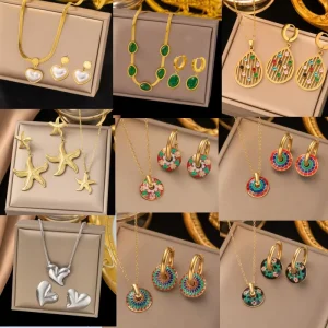 18K Gold Plated Necklace and Earring Jewelry Sets Women’s Stainless Steel for Weddings