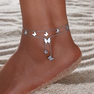 18K Gold Plated Non-Tarnish Double Layer Stainless Steel Anklets Butterfly Design Beach Jewelry for Women