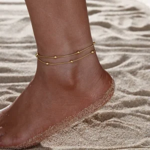 18K Gold Plated Non-Tarnish Double Layer Stainless Steel Anklets Love Heart Design Beach Jewelry for Women