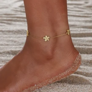 18K Gold Plated Non-Tarnish Flower Stainless Steel Anklets Plain Design Beach Jewelry for Women