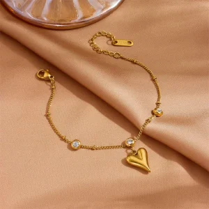 18K Gold Plated Non Tarnish Stainless Steel Zircon Heart Pendant Necklace Bracelet Anklet Earrings Jewelry Set for Women