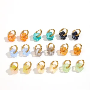 18K Gold Plated Non Tarnish Waterproof Multicolored Flower Huggies Stainless Steel Orange Flower Earrings