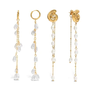 18K Gold Plated Ocean Sprial Freshwater Tassel Pearl Conch Earrings Wire Earrings Stainless Steel