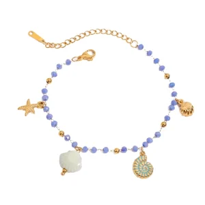 18K Gold Plated Ocean Starfish Charm Adjustable Bracelet With Crystal Seashell Pendant for Women Beach Vacation Jewelry Gift