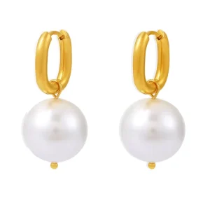 18K Gold Plated Pearl 316L Stainless Steel Vintage Geometric Fashion Hoop Earrings Waterproof Hypoallergenic Women Jewelry Gift
