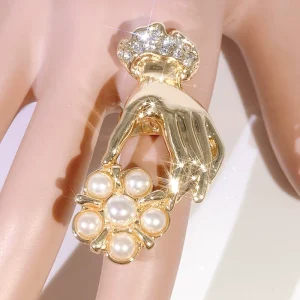 18K Gold Plated Rings Big Finger Wedding Declaration Jewelry Shell Freshwater Pearl Inlaid Rhinestone Rings A0030