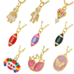 18K Gold Plated Robot Pendant Baguette CZ Necklace with Colorful Enamel Football Charm