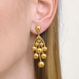 18K Gold Plated Round Bead Tree Branch Earring for Women Waterproof Stainless Steel Gift