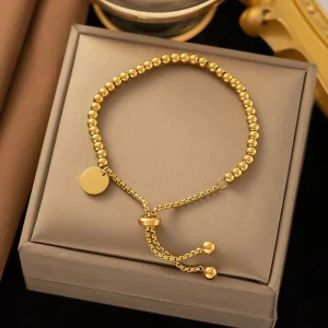 18K Gold Plated Round Plate Stainless Steel Custom Pendant Jewelry Waterproof Adjustable Women Beaded Bracelets
