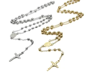 18K Gold Plated San Judas Cross Pendant Necklace Fashionable Stainless Steel Bead Chain Rosary Trendy Jewelry Women Men Pearl