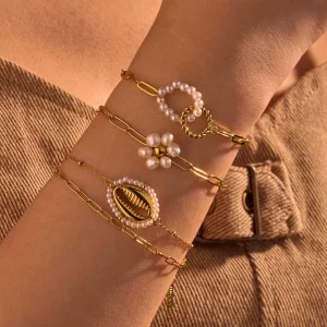 18K Gold Plated Small Shell Shaped Pearl Stainless Steel Bracelet