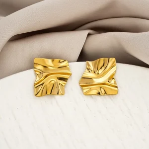 18K Gold Plated Stainless Steel 316L Geometric Folded Big Stud Earrings Women Waterproof Metal Texture Jewelry Gift