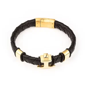 18K Gold Plated Stainless Steel Anchor Charm Braided Leather Bracelet Black