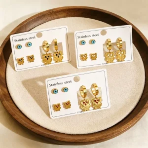 18K Gold Plated Stainless Steel Animal Stud Earrings Owl Evil Eye Religious Trendy Party Women’s Earrings Set