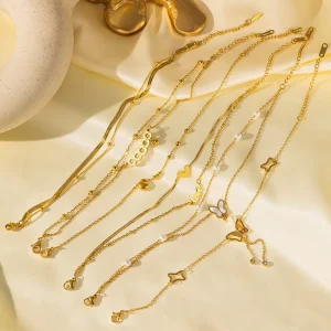 18K Gold Plated Stainless Steel Anklet Mixed Chain Stackable Chain Anklet Beach Waterproof Women Jewelry